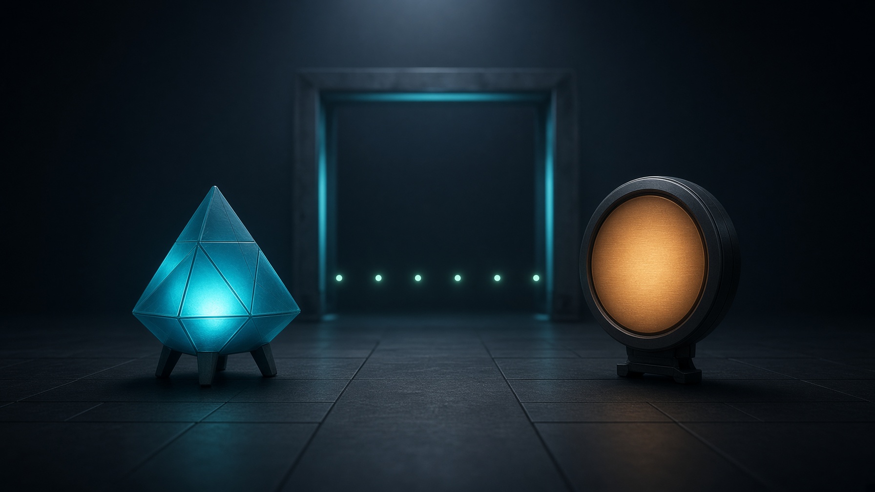 Zap, a cyan prism, and Glow, an amber disc, stand before a portal and six sparks.